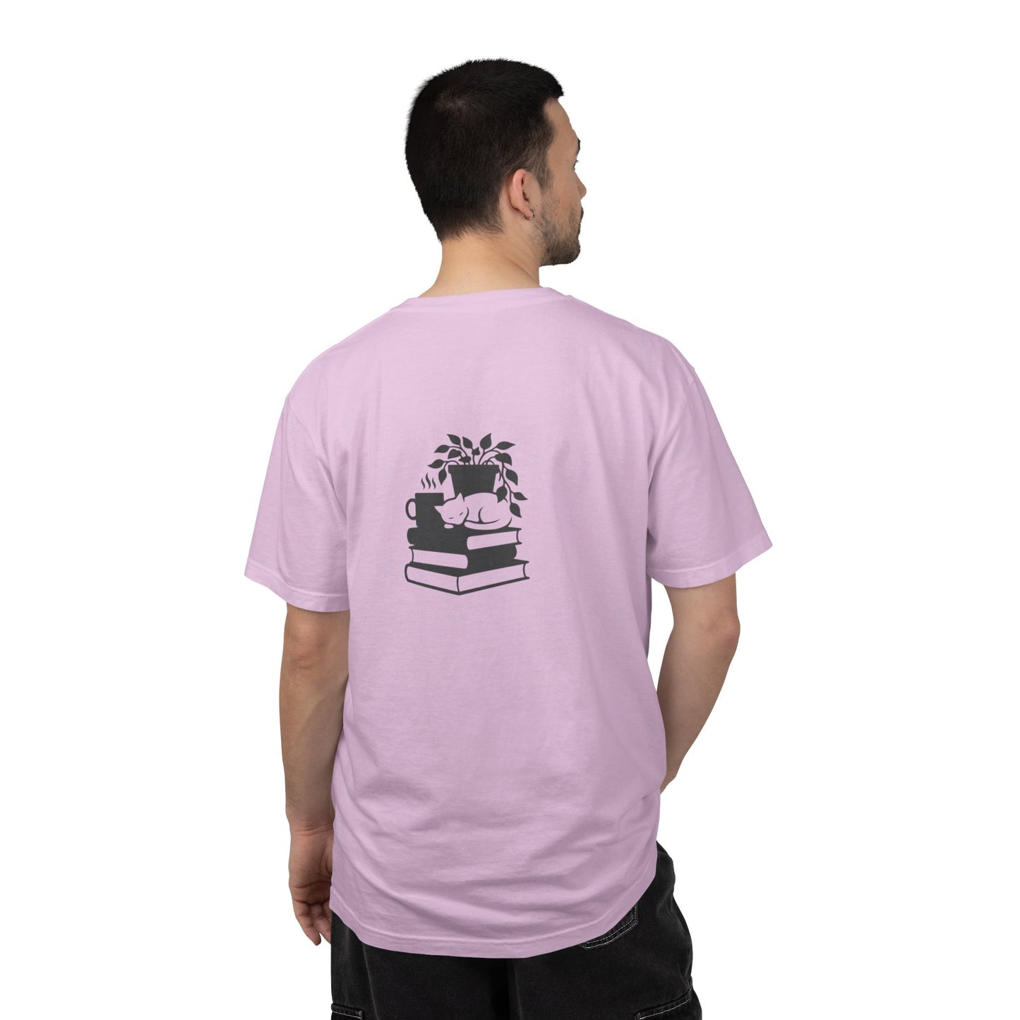 Cozy Cat on Books T-Shirt | Reading Tea Stack Illustration