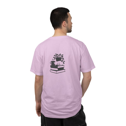 Cozy Cat on Books T-Shirt | Reading Tea Stack Illustration