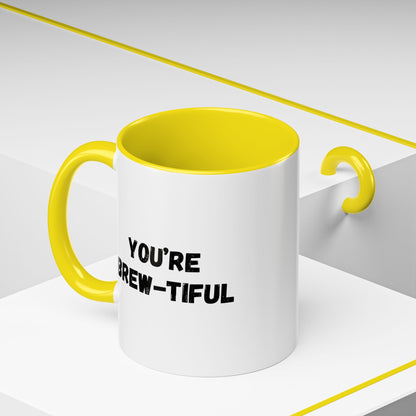 You’re Brew-tiful Coffee Mug – Cute Coffee Pun Accent Mug (11/15oz) — white ceramic accent mug with glossy finish and bold black “YOU’RE BREW-TIFUL” print, additional angle