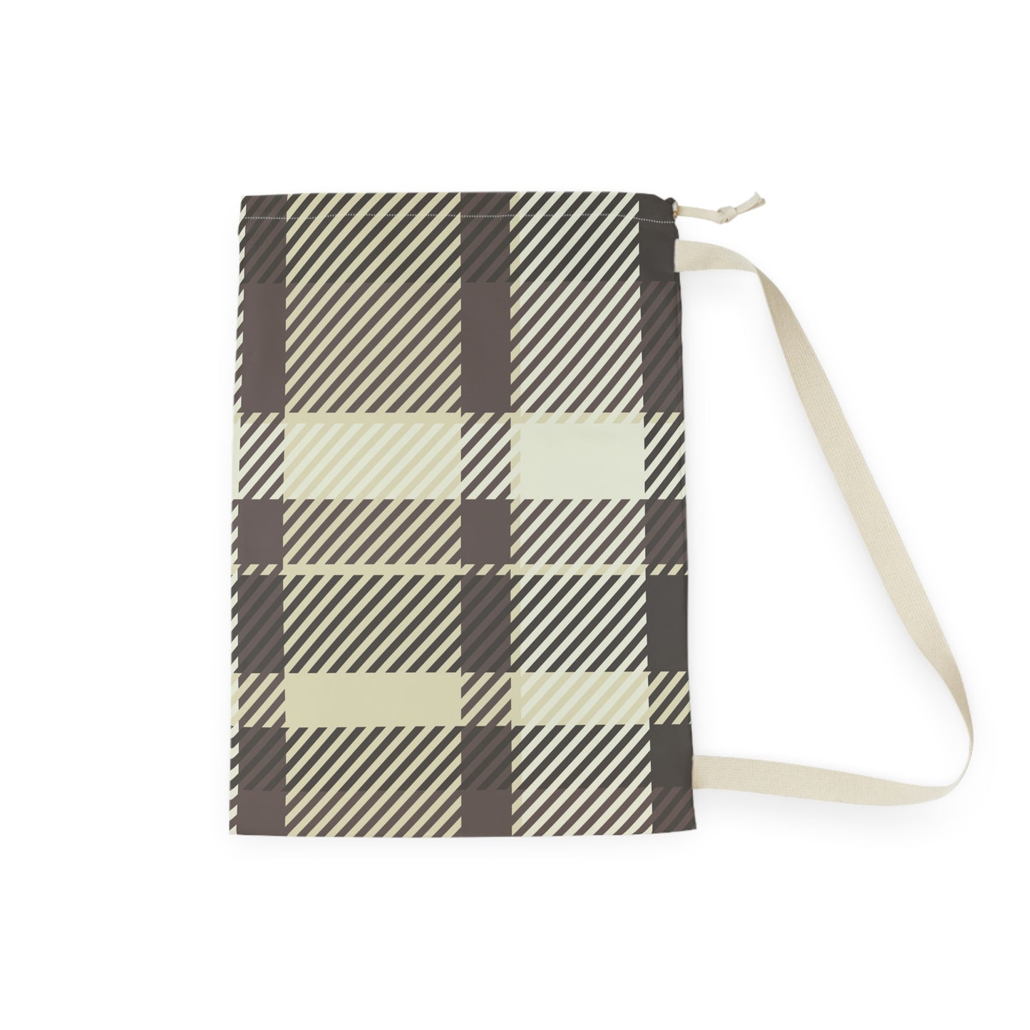 Plaid Laundry Bag — Beige & Brown Drawstring Wash Tote