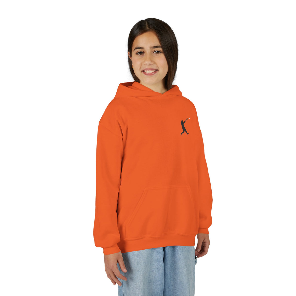Kids youth baseball silhouette hoodie by Printify, featuring a baseball player pullover in vibrant colors for kids' casual wear.