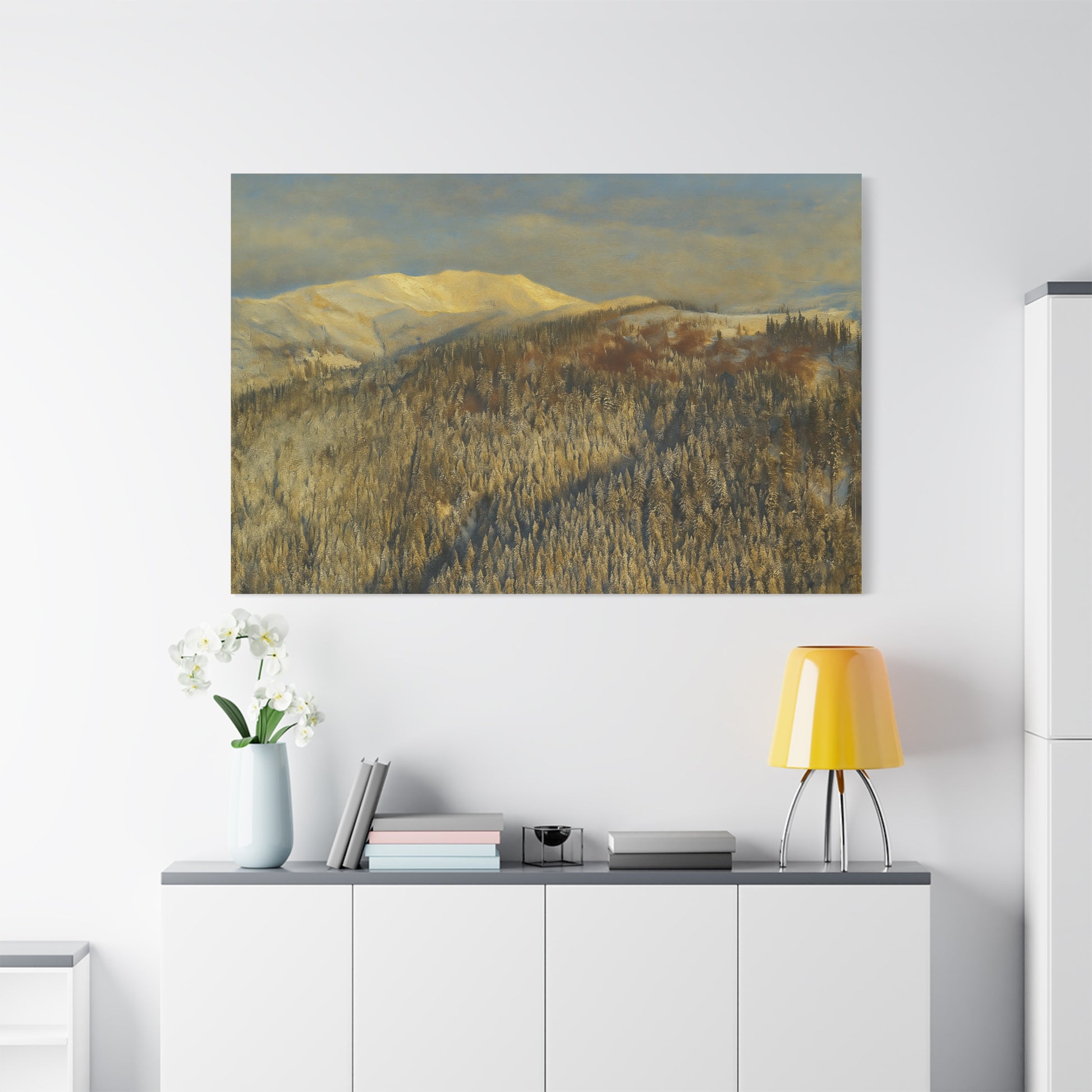 Winter mountain landscape matte canvas print by Printify, stretched 1.25 inches, featuring a snowy mountain scene with trees and sky.