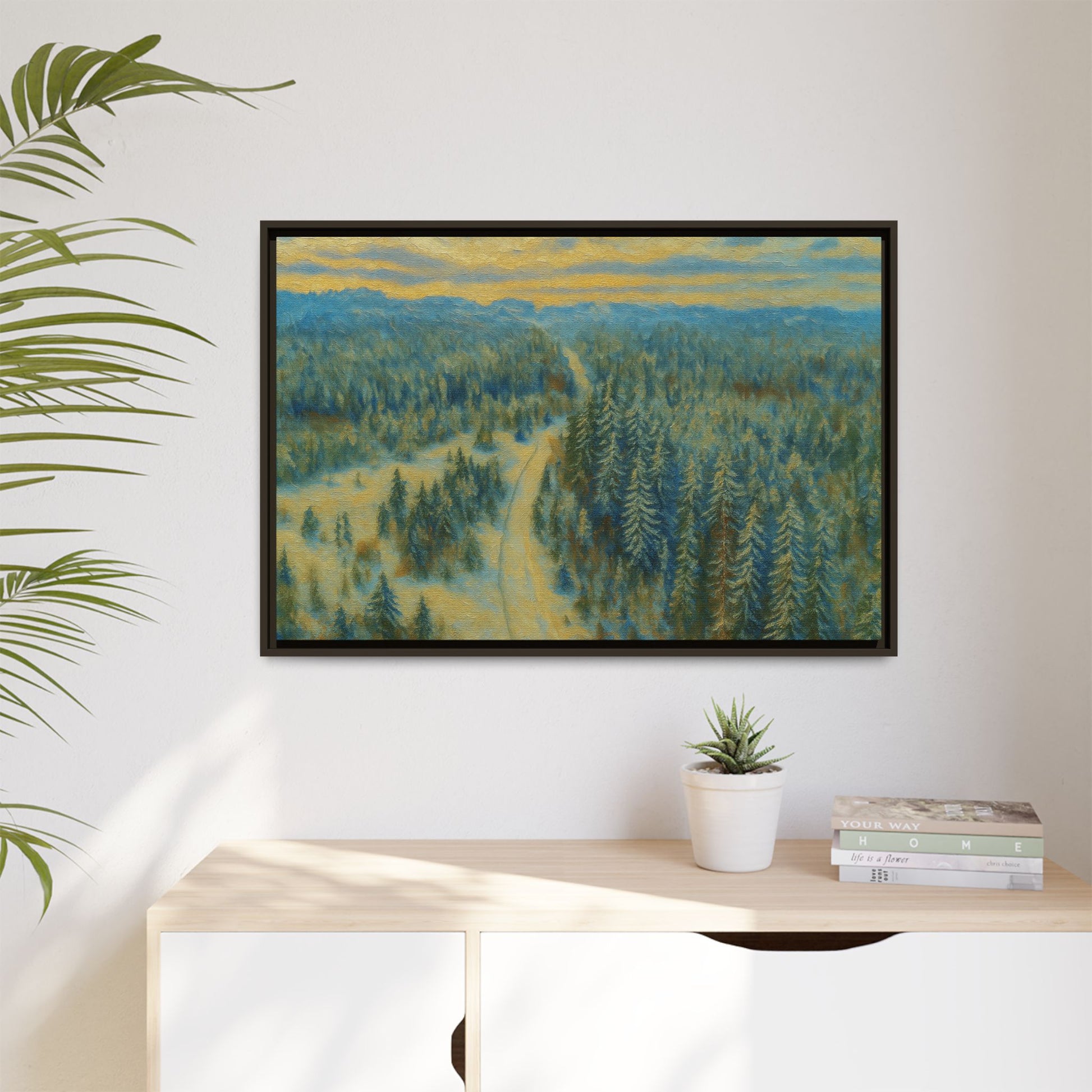 Framed matte canvas print of a serene winter forest landscape by Printify, showcasing snow-covered trees and peaceful scenery.