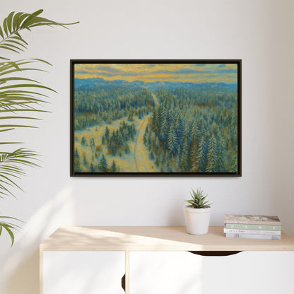 Framed matte canvas print of a serene winter forest landscape by Printify, showcasing snow-covered trees and peaceful scenery.