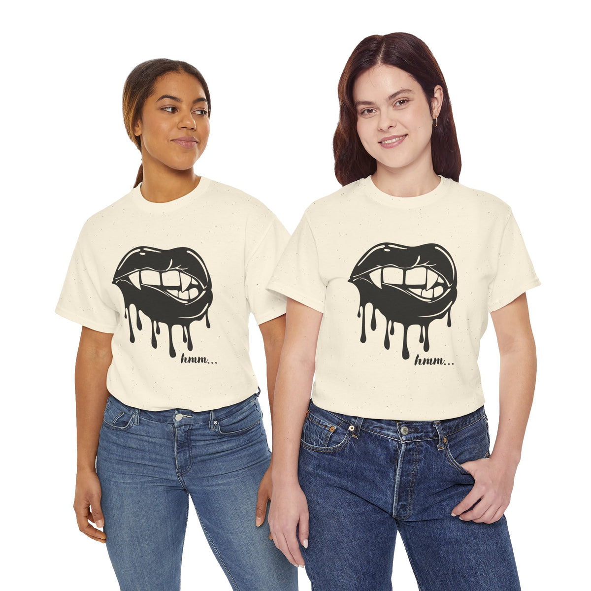 Graphic T-shirt by Printify featuring a dripping lips 'hmm...' bite design in black and white on the front.