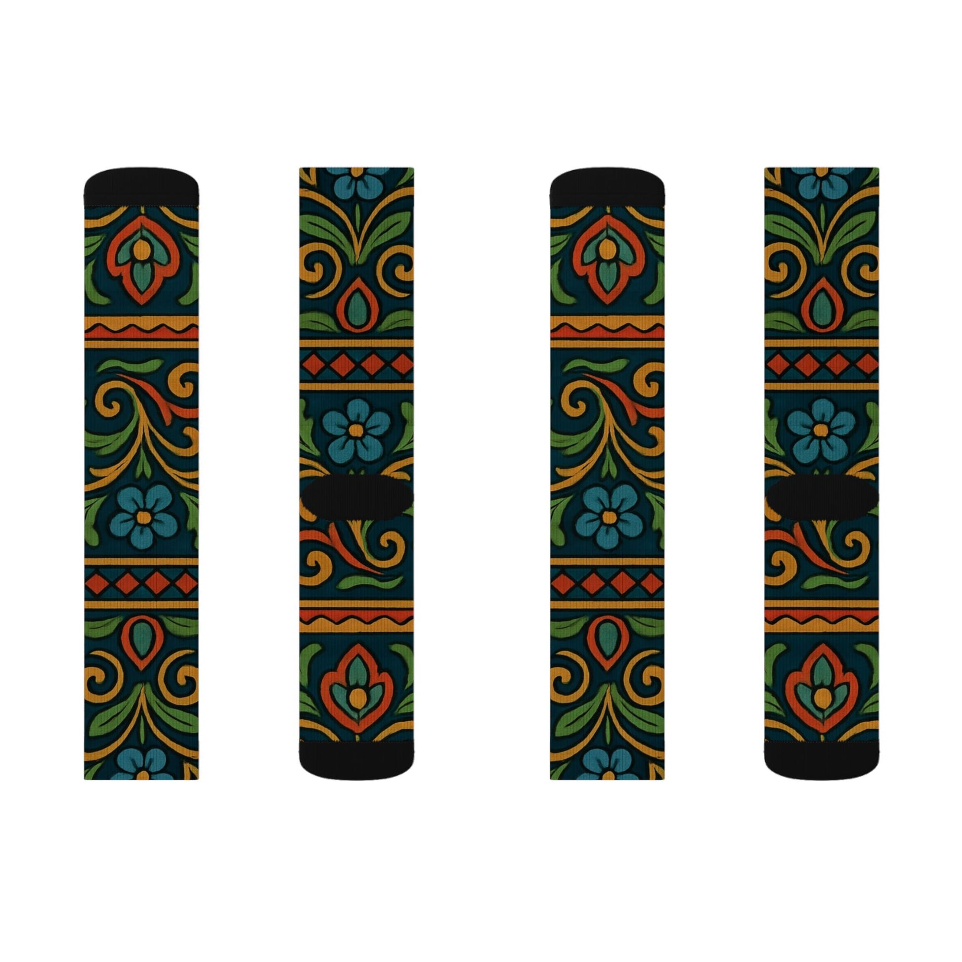 Victorian floral tile sublimation crew socks with all-over print, featuring intricate floral patterns in vibrant colors by Printify.