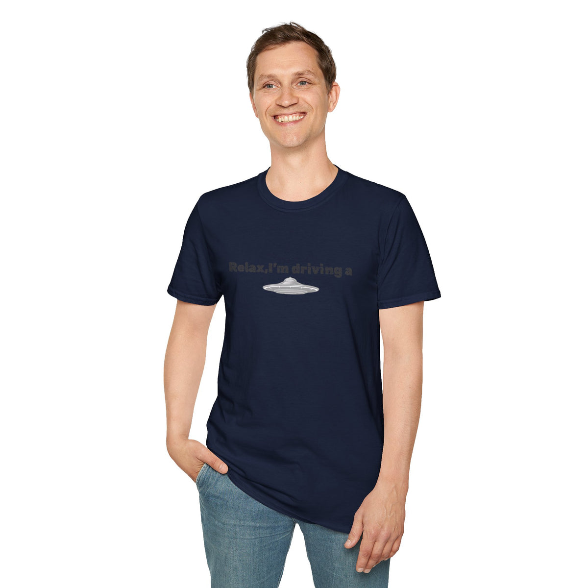 Funny alien graphic T-shirt by Printify featuring a UFO design, perfect for sci-fi fans and casual wear.