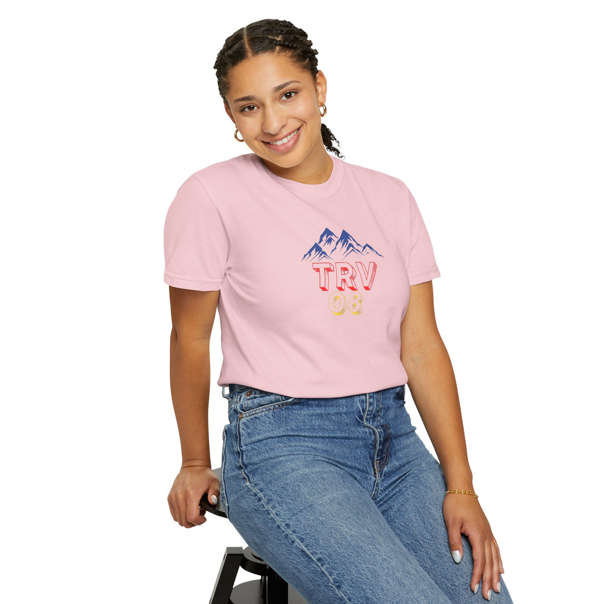Unisex garment-dyed T-shirt with the TRV08 Logo print, made by Printify, showing a comfortable fit and soft fabric.