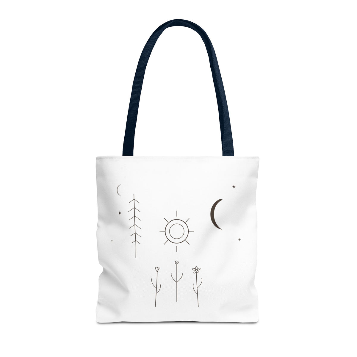 Minimal Moon and Sun botanical tote bag featuring celestial line art design, printed by Printify.