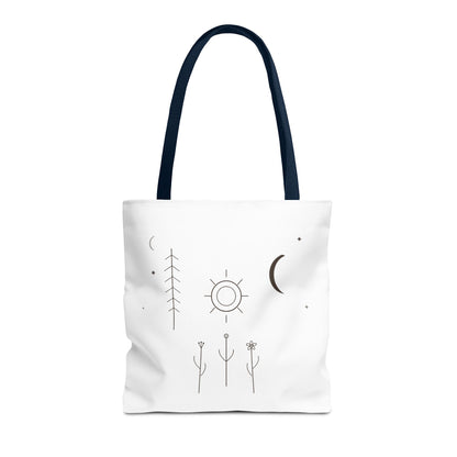 Minimal Moon and Sun botanical tote bag featuring celestial line art design, printed by Printify.