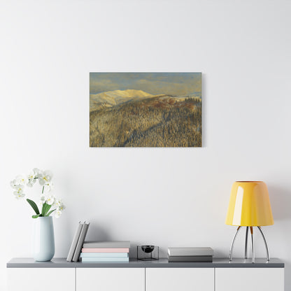 Winter mountain landscape matte canvas print by Printify, stretched 1.25 inches, featuring a scenic snowy mountain scene.