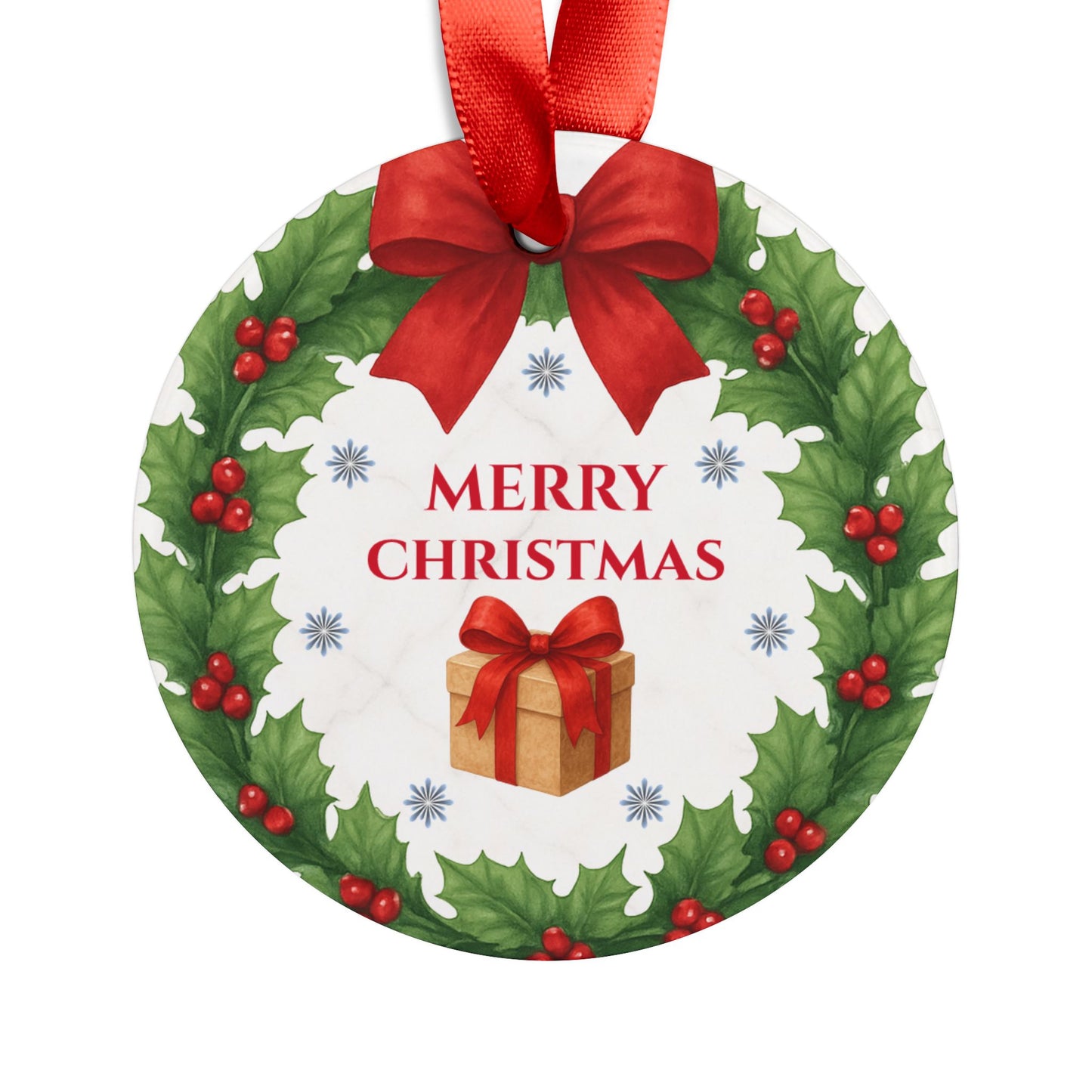 Round acrylic Christmas wreath ornament with festive holiday design, ideal for holiday decoration and gift embellishments.