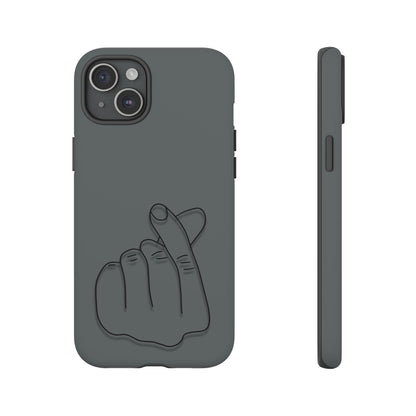 Silicone phone case with embossed Korean finger heart design, compatible with smartphones, by Printify.