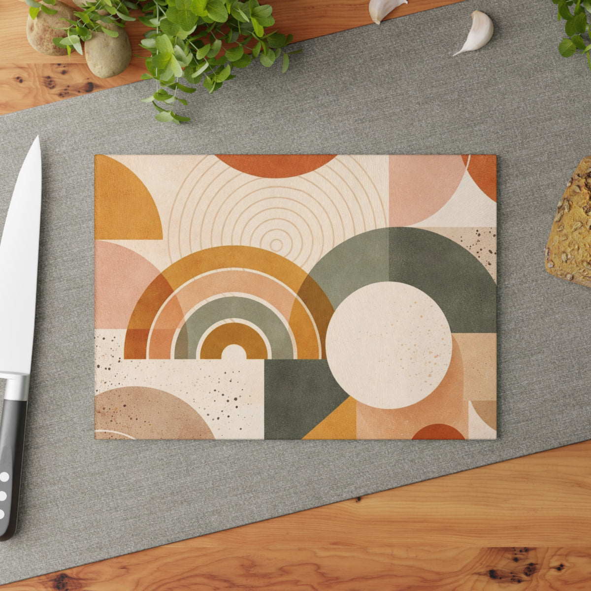 Mid-Century Geometric Glass Cutting Board – Retro Rainbow Kitchen Decor