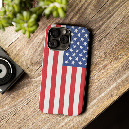 American flag tough phone case for iPhone by Printify, featuring a durable patriotic design with bold red, white, and blue colors.