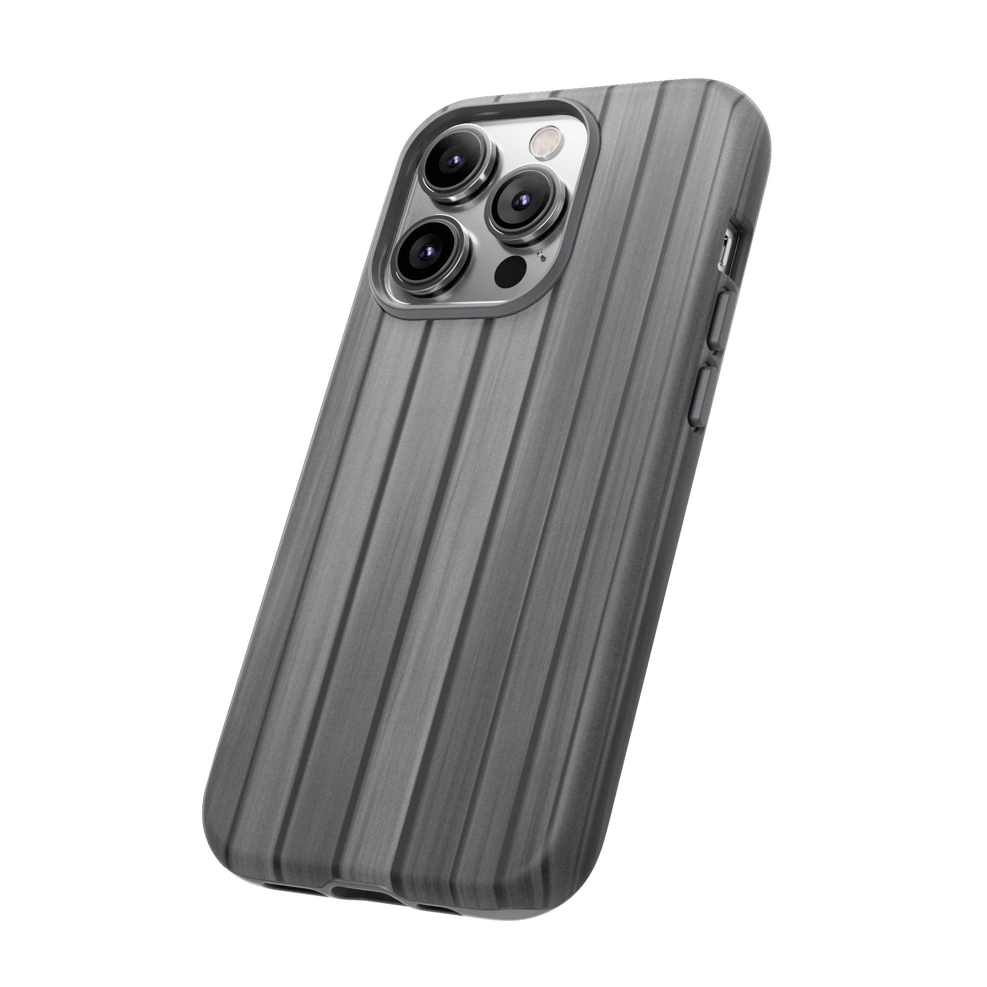 Ribbed metal texture phone case for iPhone, tough protective cover by Printify with durable metal design.