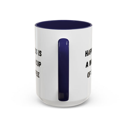Ceramic coffee mug with "Happiness Is A Warm Cup Of Coffee" print, featuring a white background and colorful lettering.