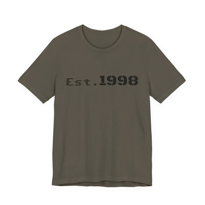 Vintage Est. 1998 T-Shirt by Printify featuring a graphic design celebrating the year of birth.