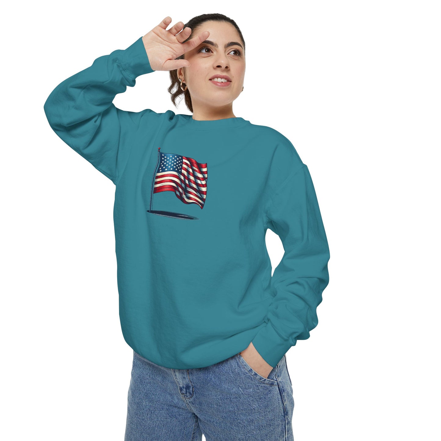 Patriotic Unisex Garment-Dyed Sweatshirt with Vintage American Flag, Cozy Fall Outfit, Statement Sweater, Gift for Veterans, Casual Fashion - TRV