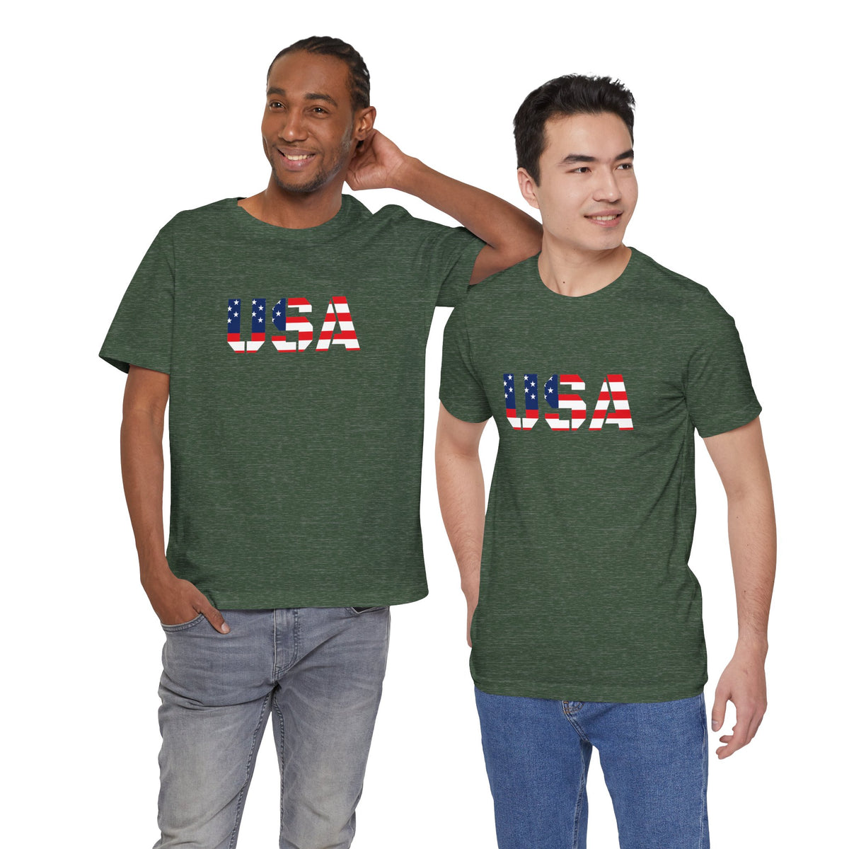 USA Flag Text T-shirt by Printify featuring patriotic red, white, and blue colors with bold "USA" lettering for Fourth of July.