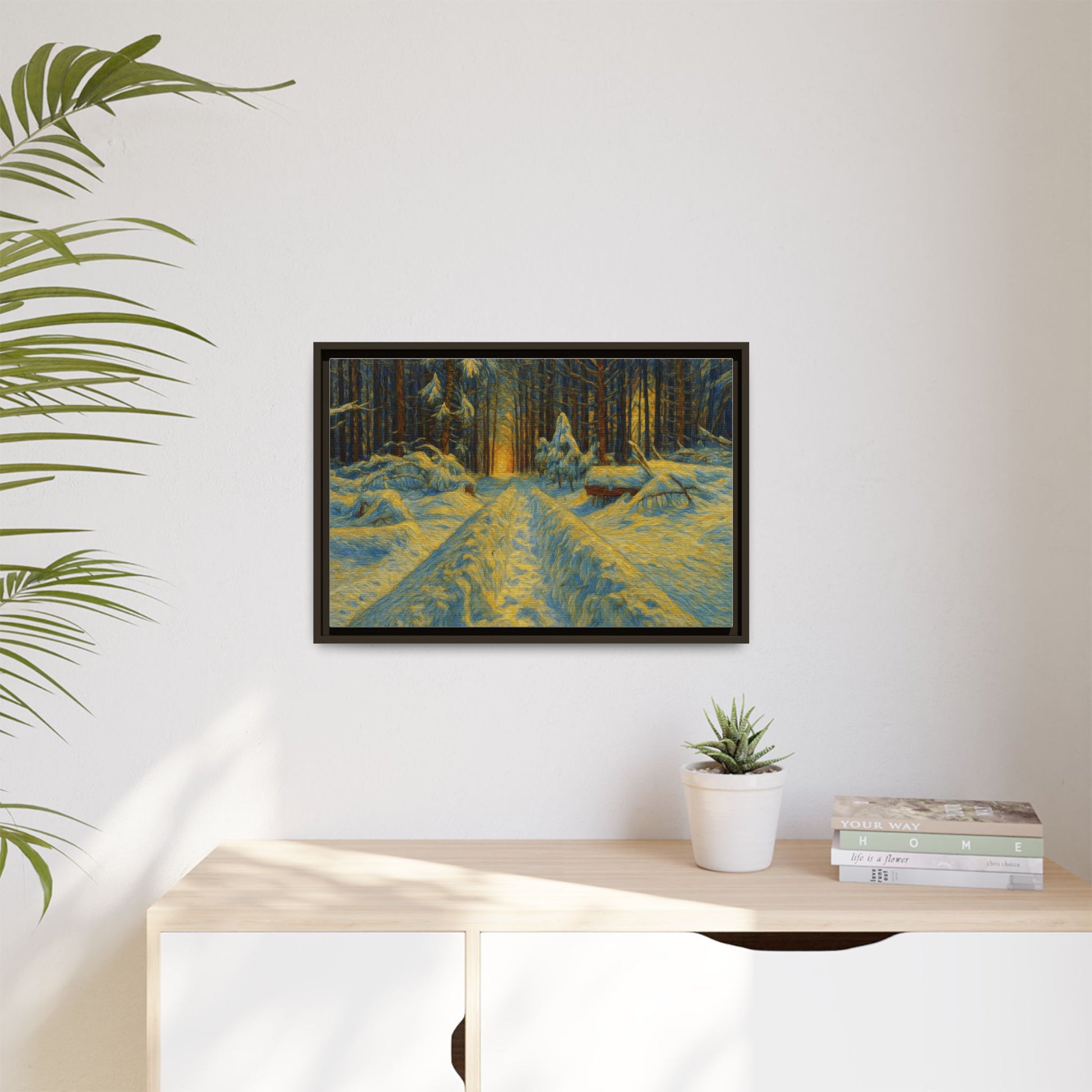 Framed matte canvas print of a snowy forest path at sunset, wall art by Printify showcasing winter landscape scenery.