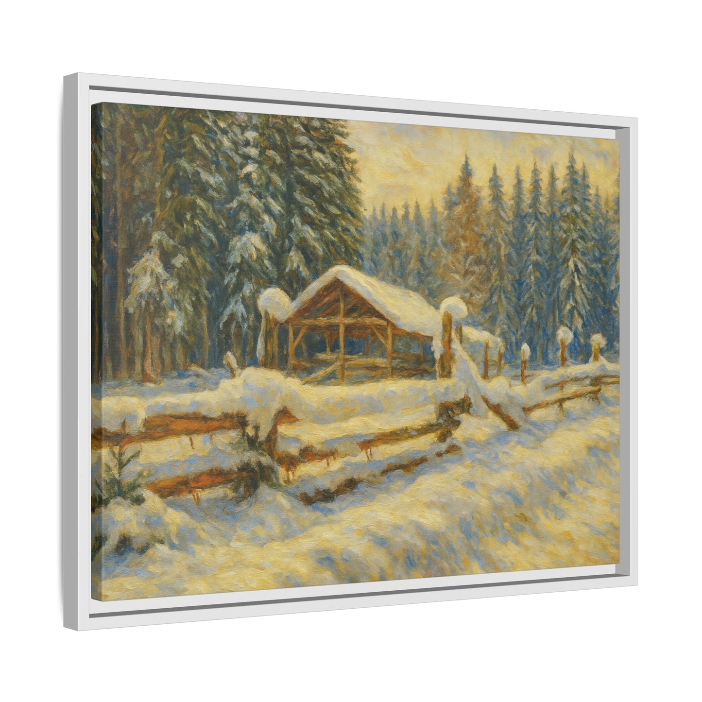 Snowy cabin winter landscape canvas wall art by Printify, featuring a matte framed print of a cozy snowy cabin scene.