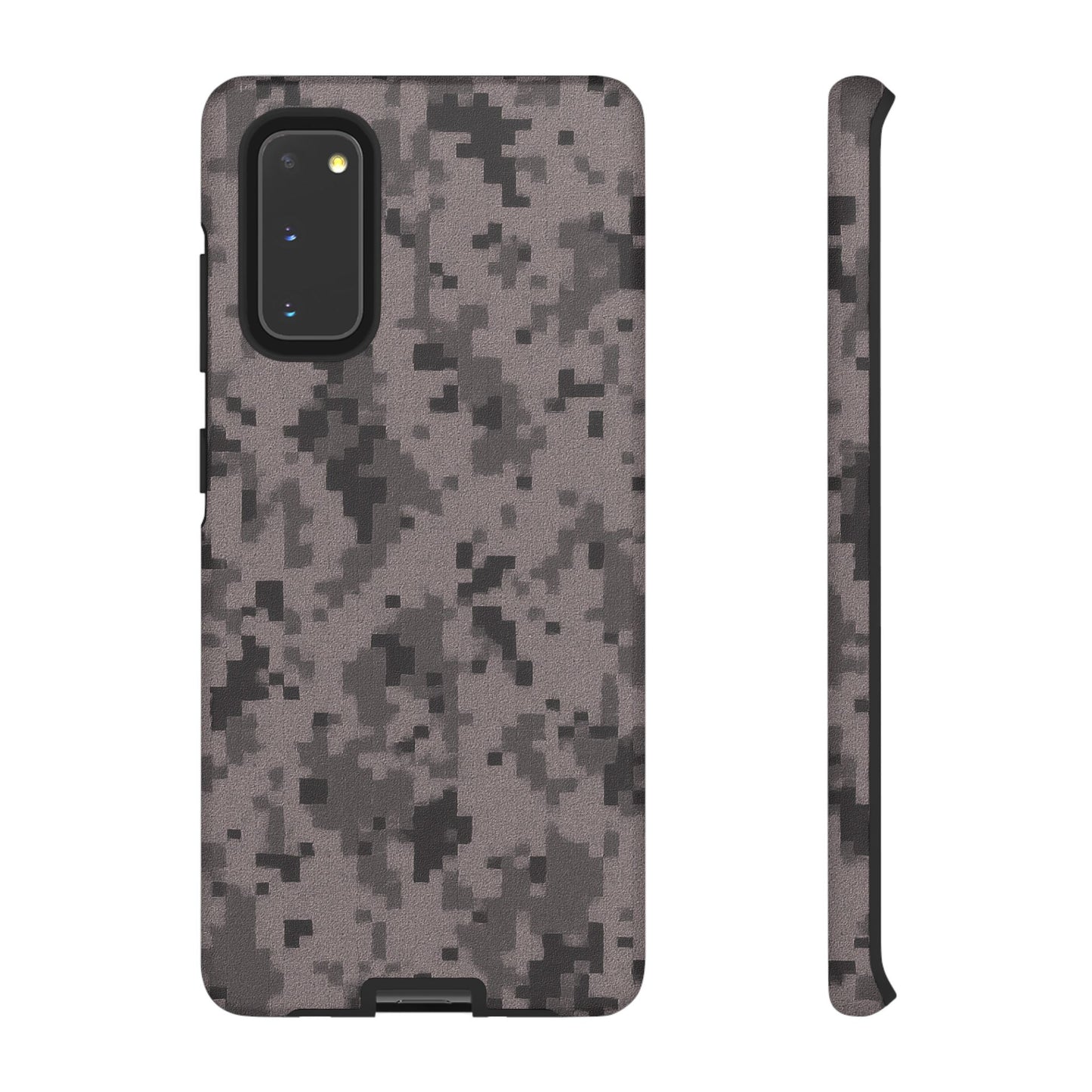 Gray digital camouflage phone case by Printify, tough protective cover designed for durability and style.