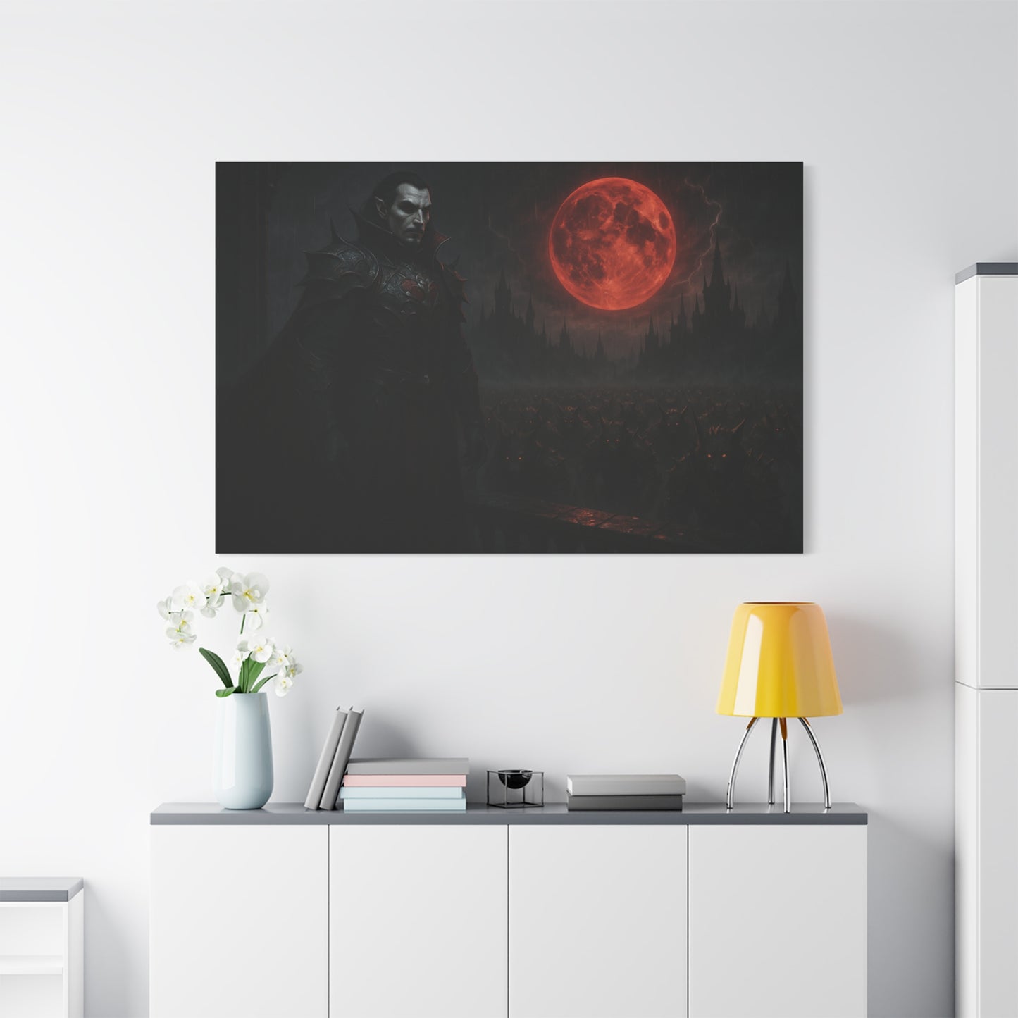 Red moon matte canvas featuring a vampire lord design, printed on high-quality canvas by Printify.