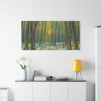 Winter woodland canvas print by Printify featuring sunlight filtering through trees in a serene forest scene.