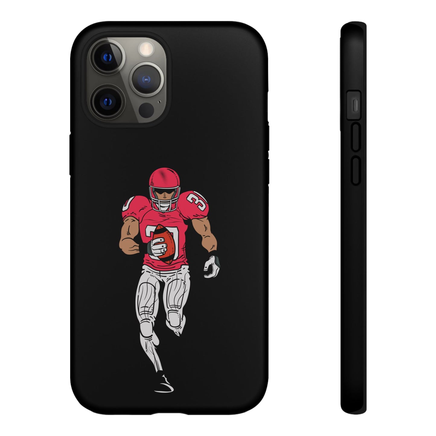 Black football player tough phone case for iPhone by Printify, featuring a sporty design and durable protective material.