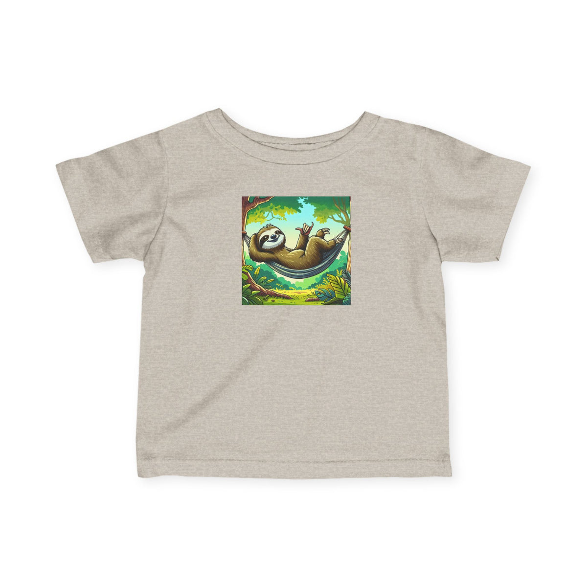 Baby girl infant tee with a cute sloth nap graphic, printed by Printify, soft cotton kids clothing for comfortable everyday wear.