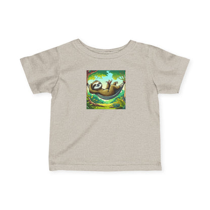 Baby girl infant tee with a cute sloth nap graphic, printed by Printify, soft cotton kids clothing for comfortable everyday wear.