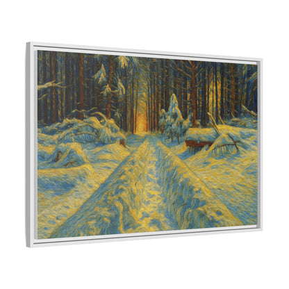 Framed matte canvas print of a snowy forest path at sunset, wall art by Printify showcasing winter landscape scenery.