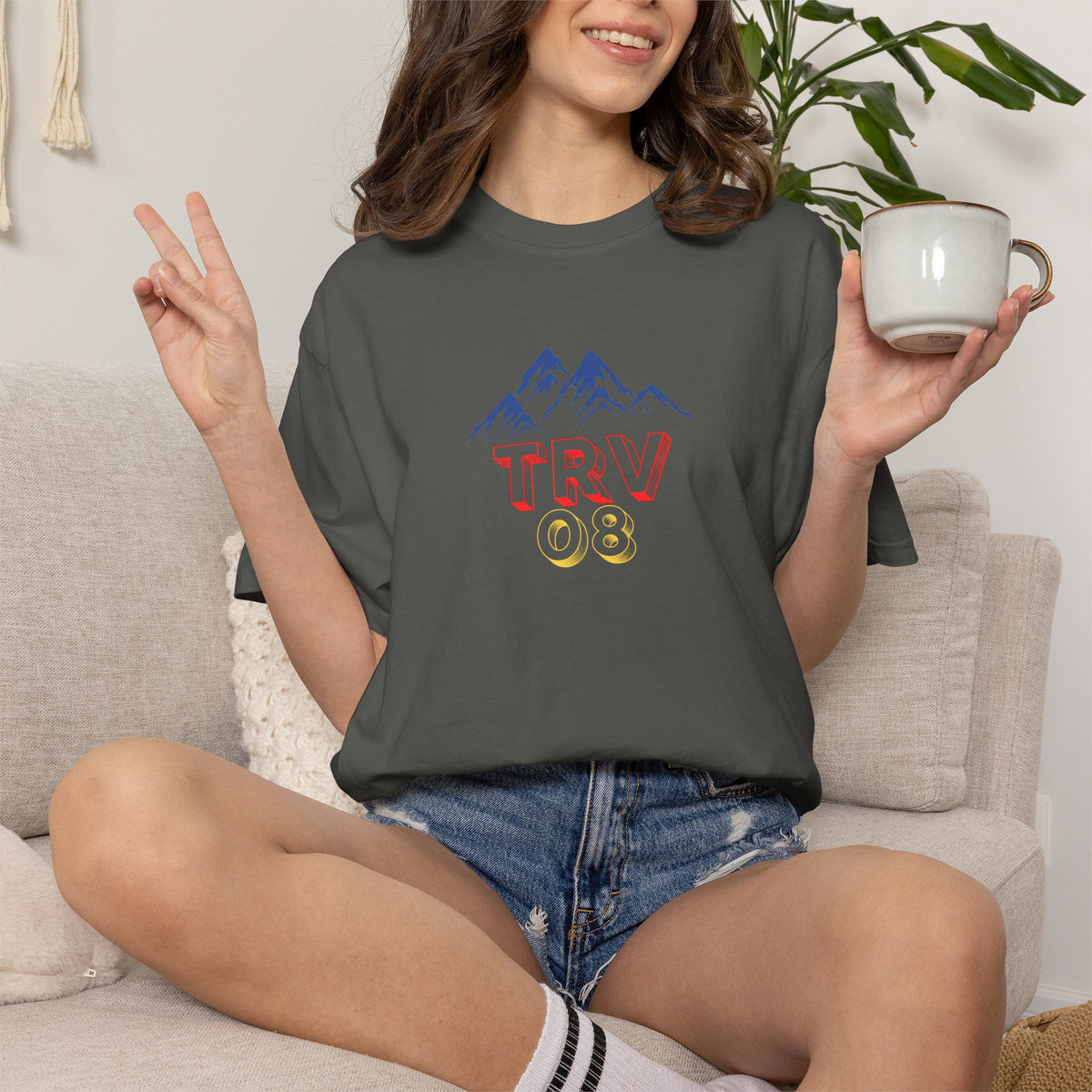 Unisex garment-dyed T-shirt with TRV08 Logo print by Printify, casual fit, soft fabric, front view.