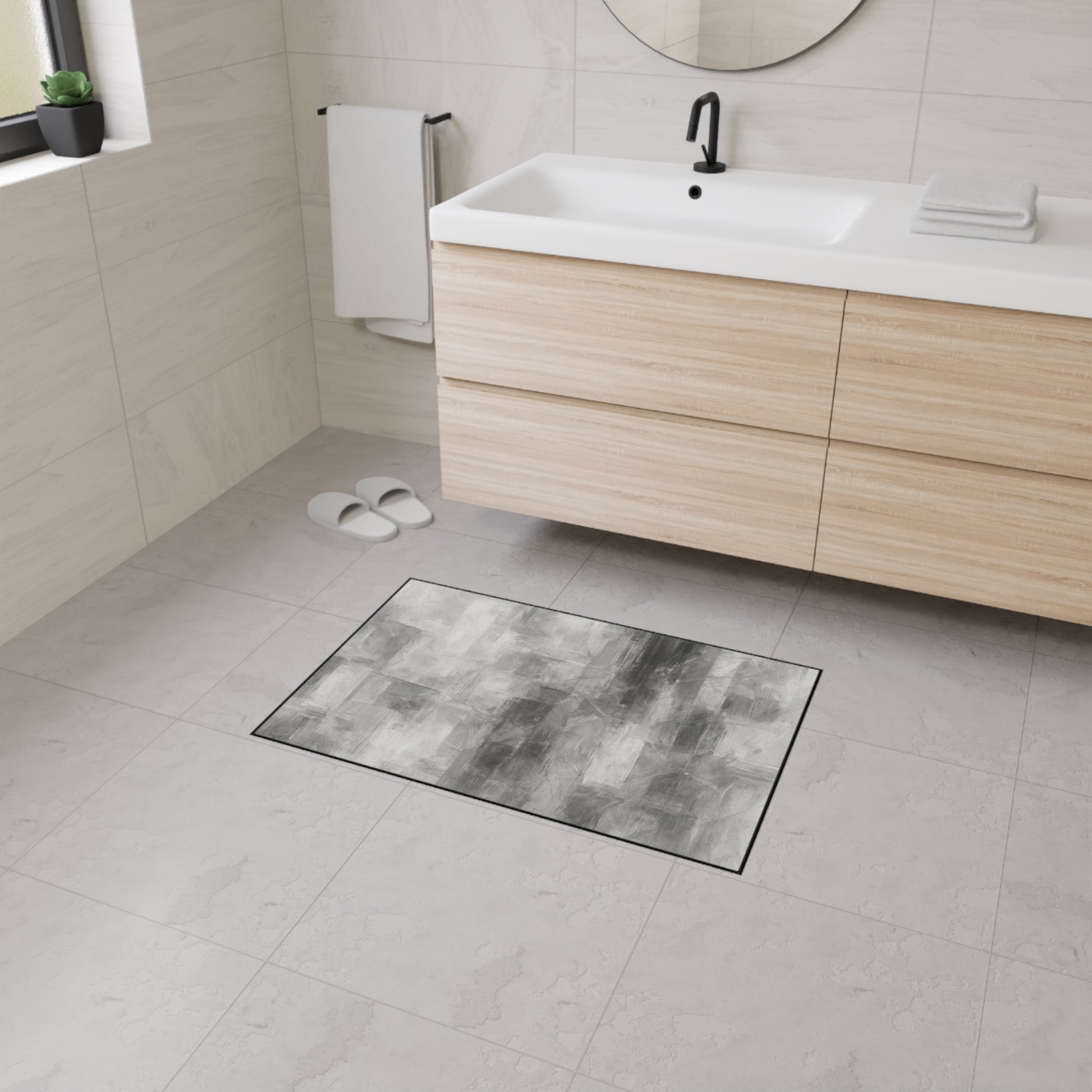 Modern abstract floor mat by Printify, heavy-duty rug for kitchen or entryway, featuring stylish geometric design and durable material.