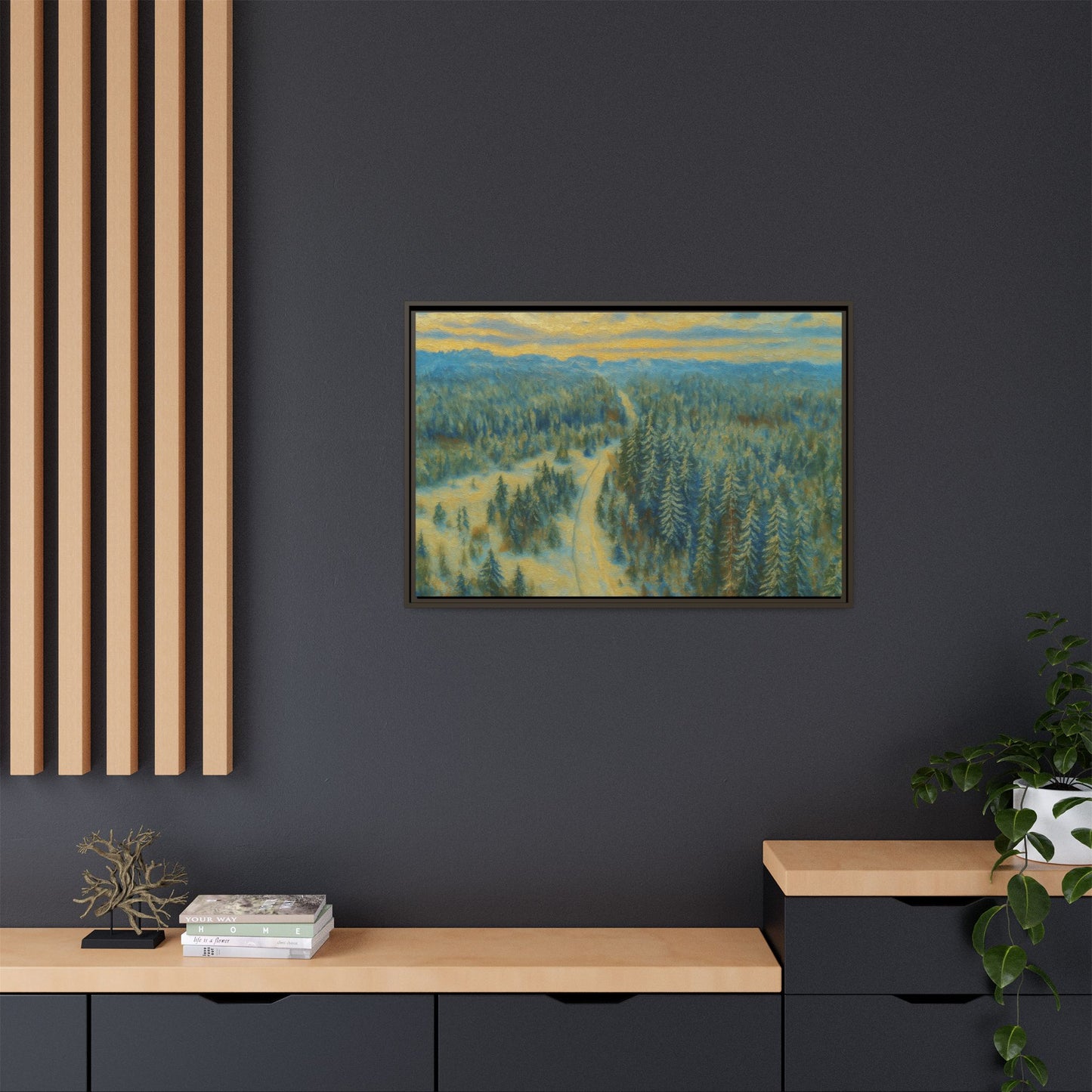 Framed matte canvas print of a serene winter forest landscape, showcasing a peaceful snowy woodland scene by Printify.