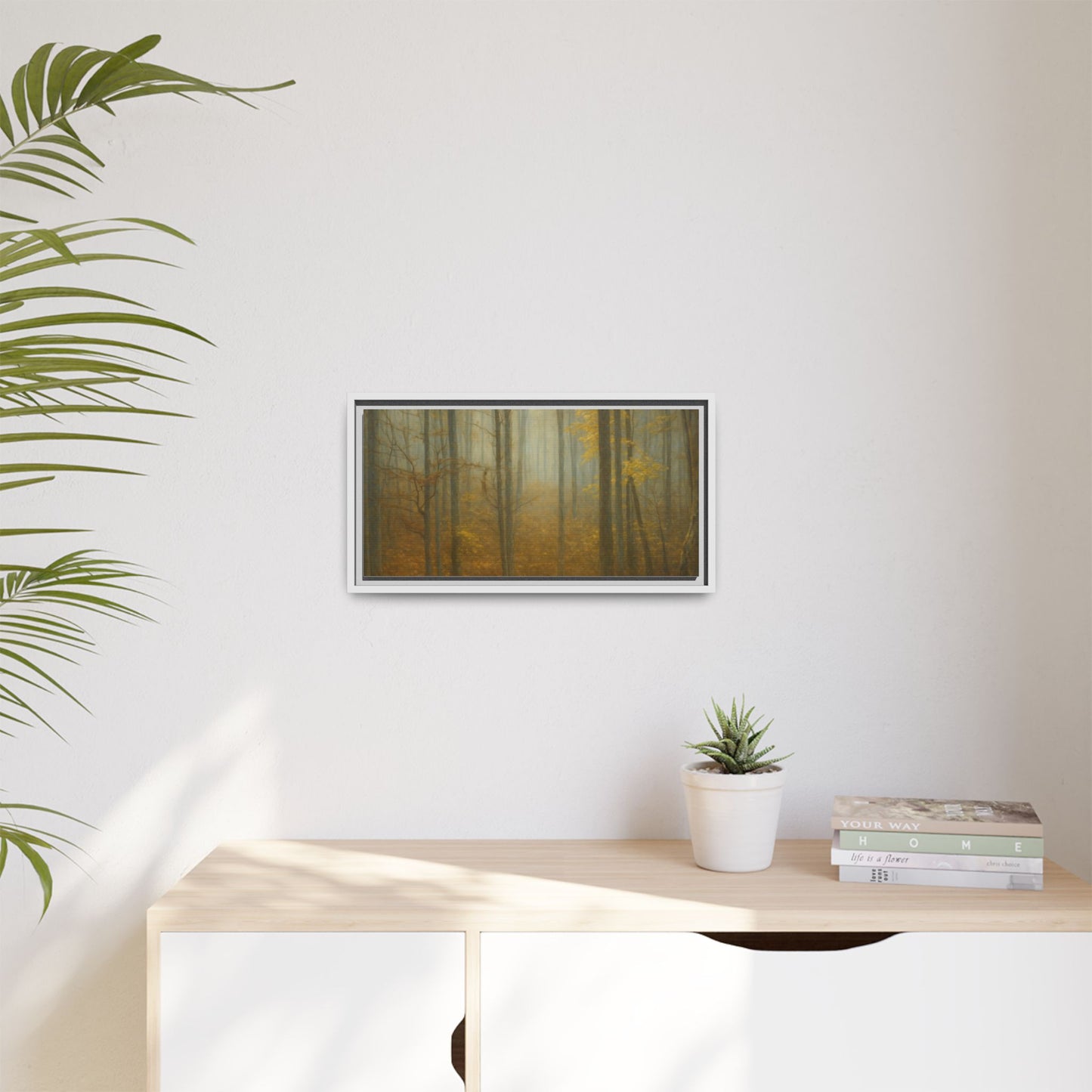 Framed matte canvas wall art of misty autumn forest with trees and fall colors, signed by Printify.
