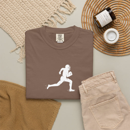 Unisex football player graphic T-shirt by Printify featuring a sporty design, perfect for runners and sports enthusiasts.