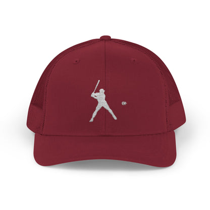 Vintage batter silhouette print on a men's baseball snapback trucker hat by Printify, featuring a classic curved brim and adjustable strap.