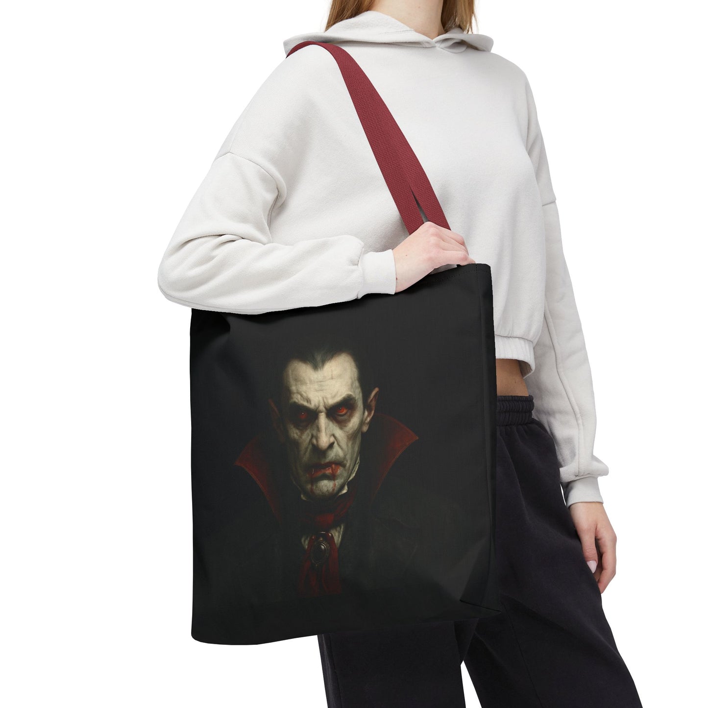 Black vampire tote bag with gothic spooky design, featuring a vampire motif, perfect for Halloween accessories.