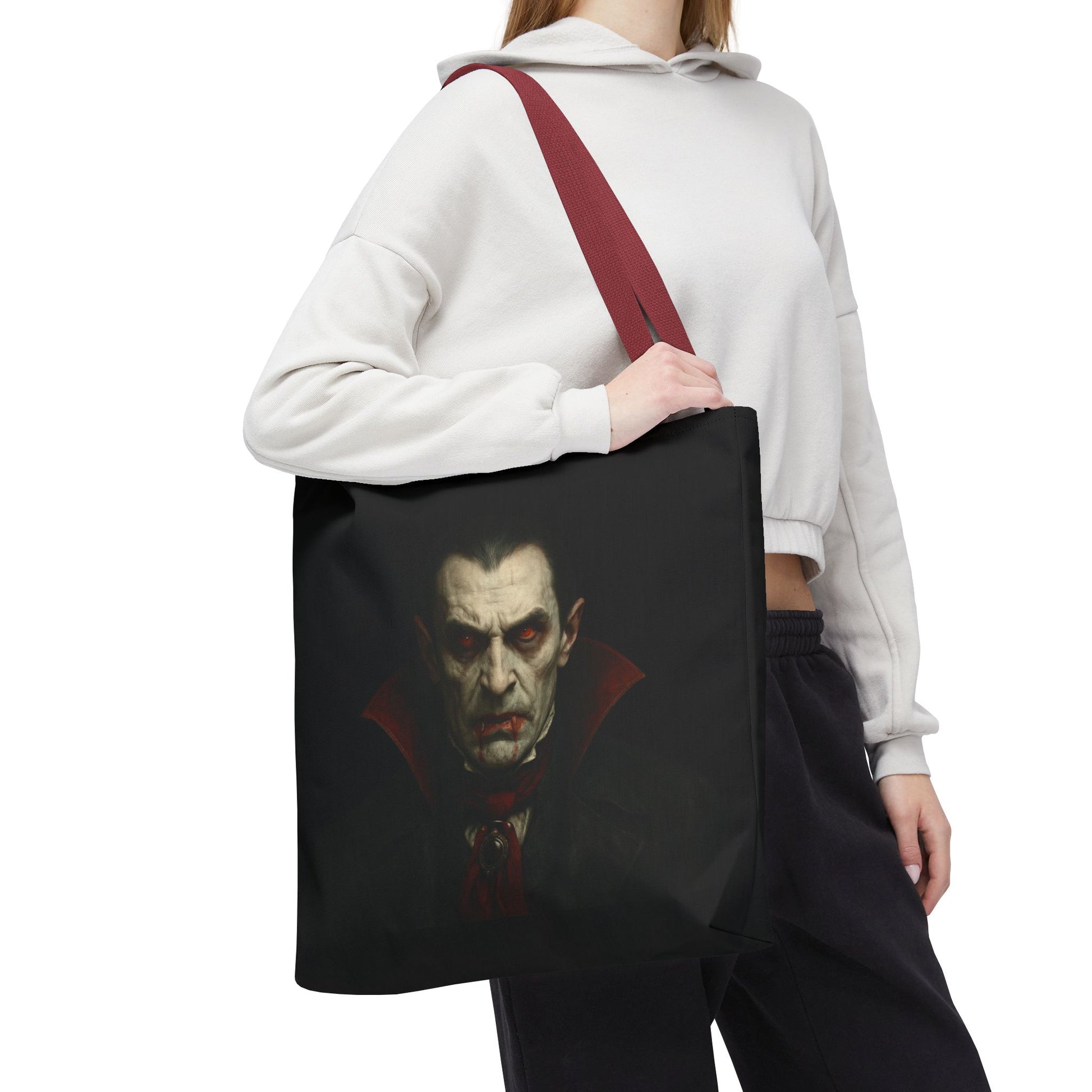 Black vampire tote bag with gothic spooky design, featuring a vampire motif, perfect for Halloween accessories.