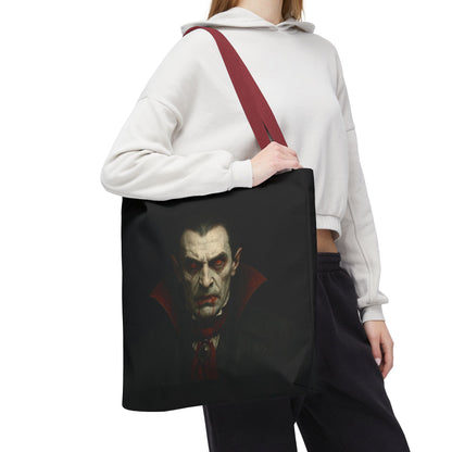 Black vampire tote bag with gothic spooky design, featuring a vampire motif, perfect for Halloween accessories.