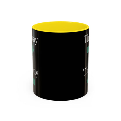 Ceramic coffee mug with "This Way or That Way" arrow design in 11oz or 15oz size, featuring a white background and colorful arrows.