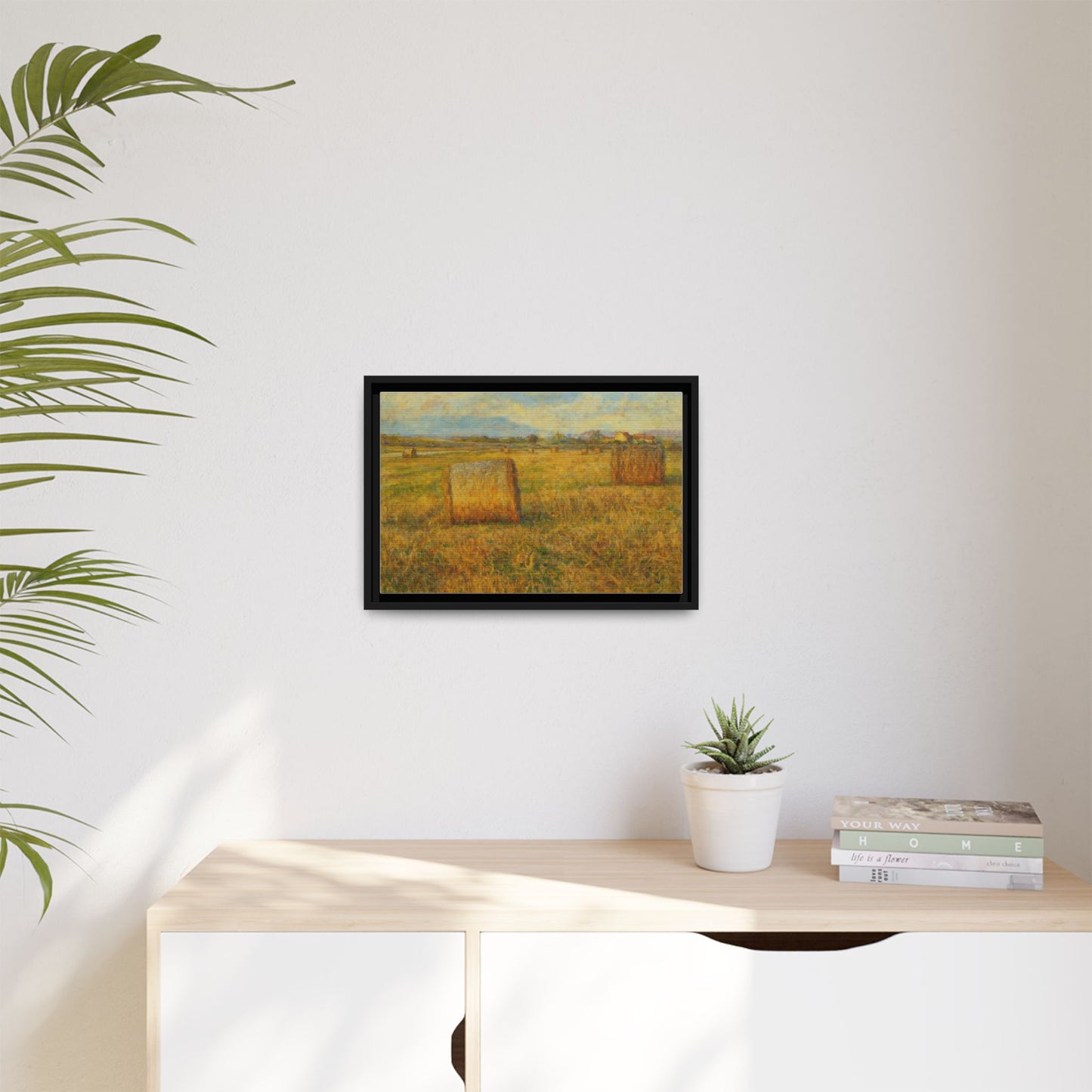 Framed rustic hayfield landscape print on canvas, wall art by Printify showcasing a peaceful rural scene