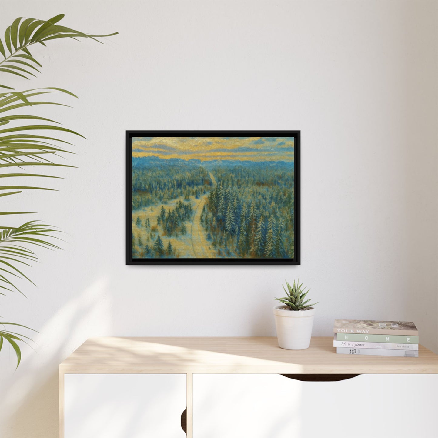 Framed matte canvas print of a serene winter forest landscape by Printify, showcasing detailed trees and snowy scenery.