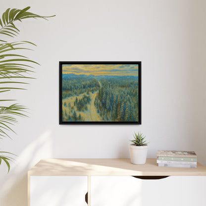 Framed matte canvas print of a serene winter forest landscape by Printify, showcasing detailed trees and snowy scenery.