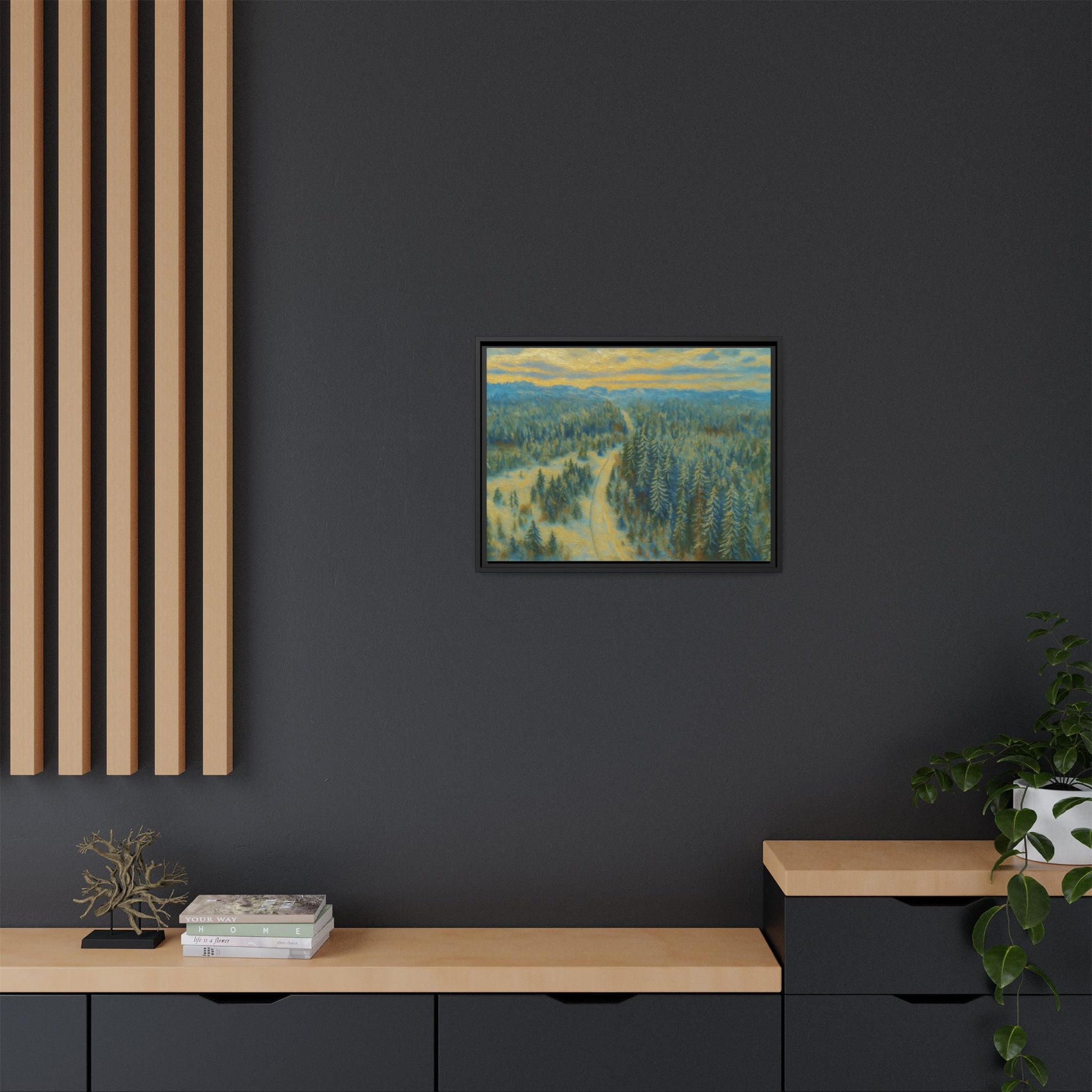 Framed matte canvas print of a peaceful winter forest landscape by Printify, showcasing snow-covered trees and serene natural scenery.