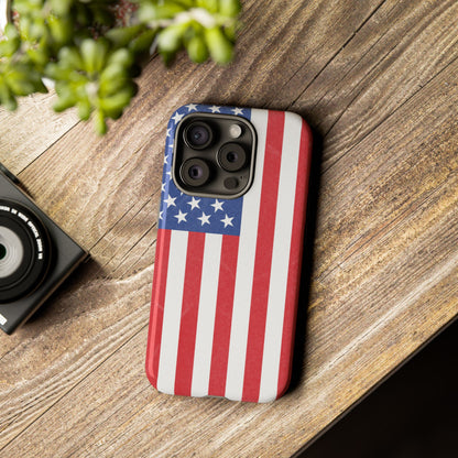 American flag tough phone case for iPhone and Samsung, patriotic protective cover with durable design and vibrant flag print.