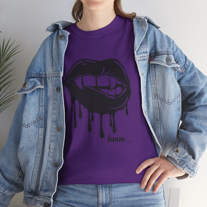 Graphic T-shirt by Printify featuring dripping lips with a "hmm..." bite design on a black fabric.