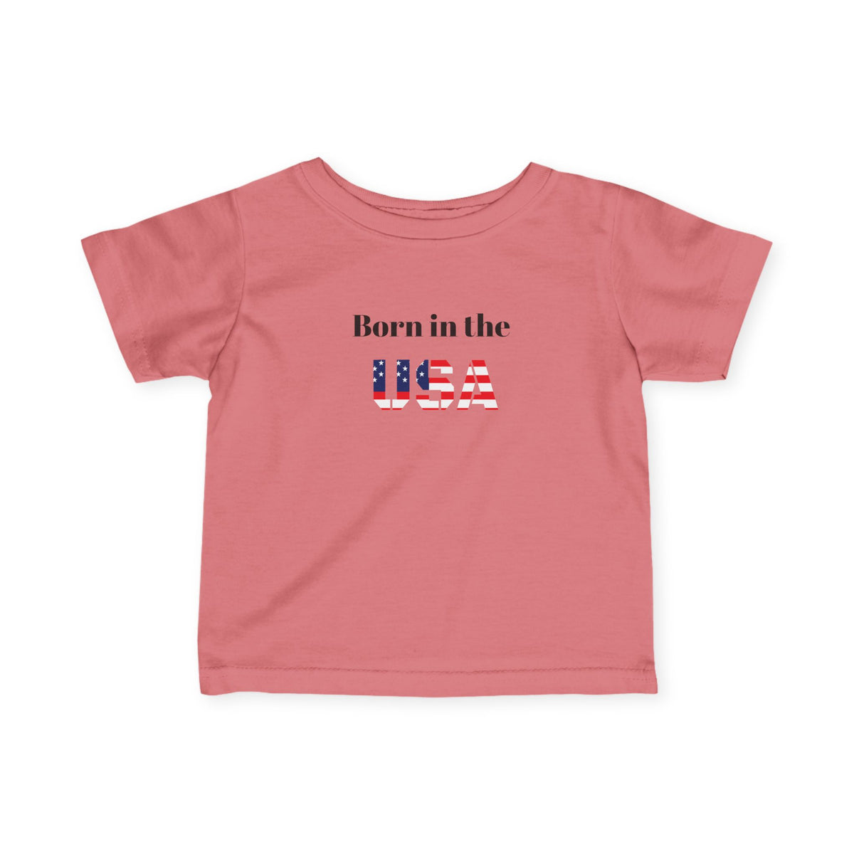 Infant baby T-shirt with "Born in the USA" patriotic print, kids clothes by Printify featuring red, white, and blue design.